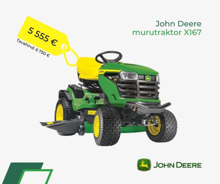 John Deere traktoritel laotuulutuse hinnad 24.05.2024-30.06.2024. Soovi Poes on üks X167 mudel sees ka. Kui soovid eriti head ja vastupidavat traktorit võimalikult hea diiliga, siis nüüd on see hetk käes.
